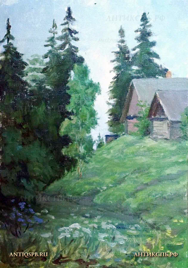 Картина, этюд "Домики у леса". Художник: В.И. Лучников. СССР. Вт. пол. ХХ века. №18620.3 